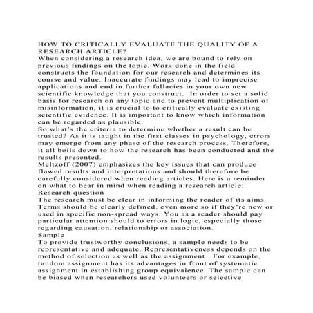 HOW TO CRITICALLY EVALUATE THE QUALITY OF A RESEARCH ARTICLEWhe.docx
