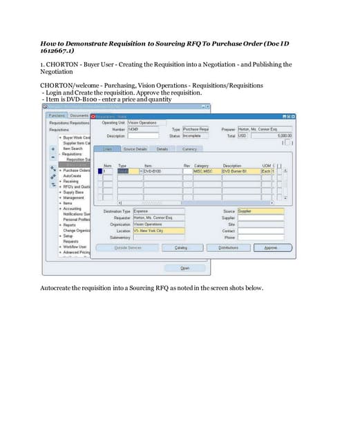 How to demonstrate requisition to sourcing rfq to purchase order