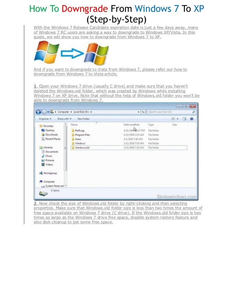 how to downgrade windows 7 to xp