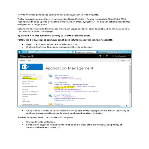 How to increase sandboxed solutions resources quota in share point 2016.