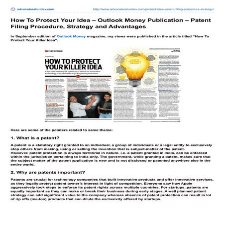 How To Protect Your Idea - Outlook Money Publication - Patent Filing Procedur...