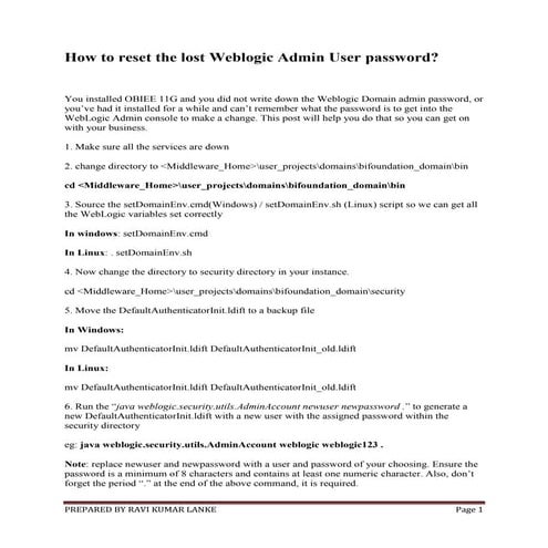 How to reset the lost weblogic admin user passwd