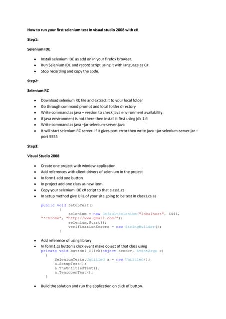How to run your first selenium test in visual studio 2008 with c | PDF