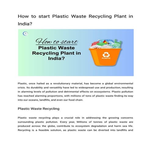 How to start Plastic Waste Recycling Plant in India.pdf