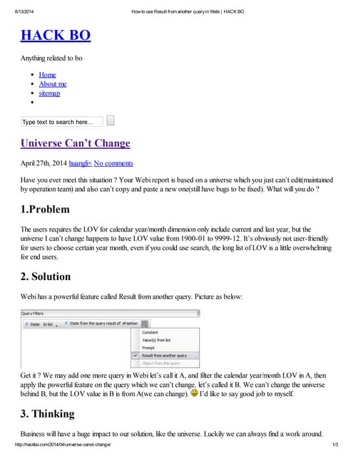 How to use result from another query in webi   hack bo