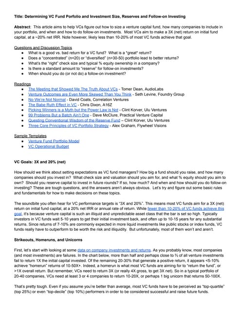 How to VC: Creating a VC fund portfolio model