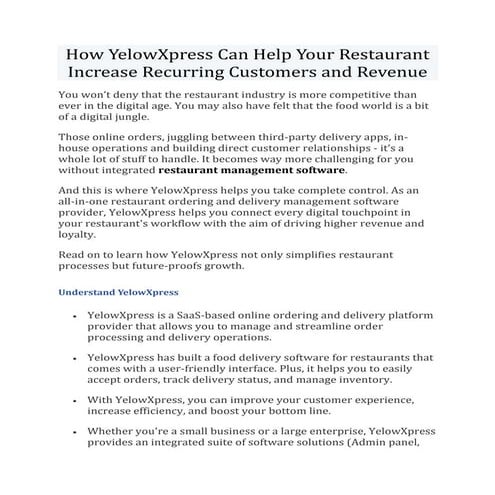 How YelowXpress Can Help Your Restaurant Increase Recurring Customers and Rev...