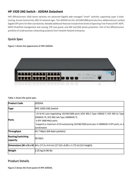 HP 1920 24G Switch - JG924A Datasheet | PDF
