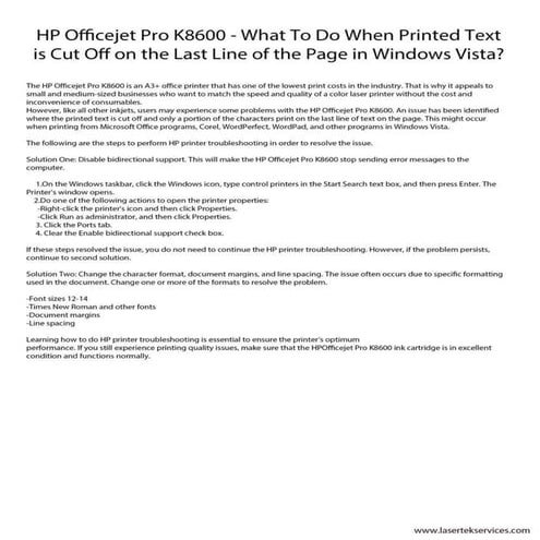 Hp officejet pro k8600 what to do when printed text is cut off on the ...