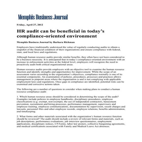 Hr Audit Can Be Beneficial In Todays Compliance Oriented Environment.4.27.12