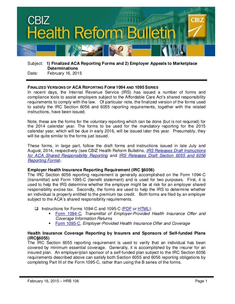 Health Reform Bulletin Finalized Aca Reporting Forms Employer Appe