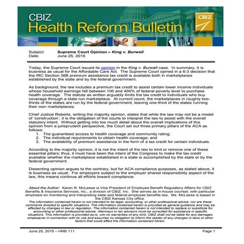 HRB 111 Supreme Court Decision - King v Burwell