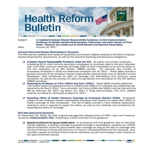 Health Reform Bulletin 125 | Updated Employer Shared Responsibility Guidance,...