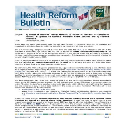 Health Reform Bulletin 135 | Repeal of Individual Penalty Mandate, Review of ...