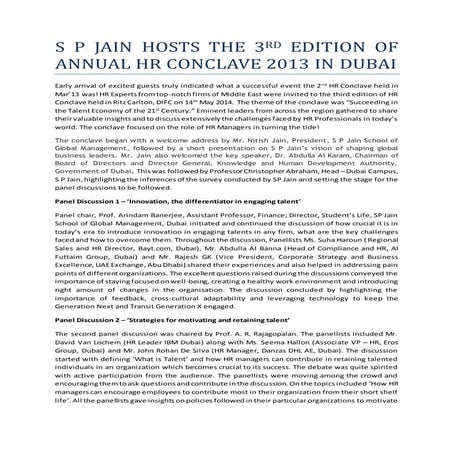 S P JAIN HOSTS THE 3RD EDITION OF ANNUAL HR CONCLAVE 2013 IN DUBAI