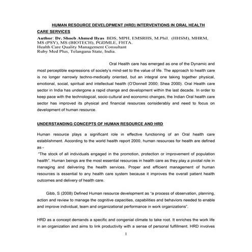 HUMAN RESOURCE DEVELOPMENT (HRD) INTERVENTIONS IN ORAL HEALTH CARE SERVICES