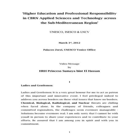 HRH Princess Sumaya bint El Hassan [President of El Hassan Science City and the Royal Scientific Society, Jordan] - video message