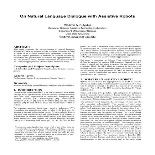 On Natural Language Dialogue with Assistive Robots