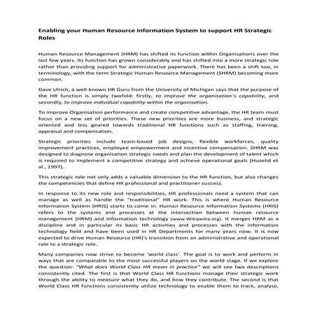 Enabling your Human Resource Information System to support HR Strategic Roles