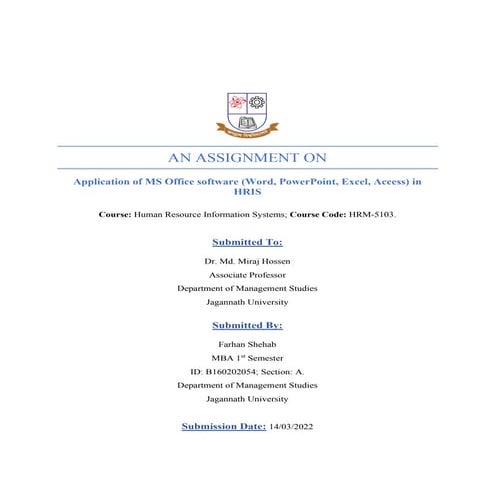 HRIS assignment on Application of MS Office software (Word, PowerPoint, Excel...