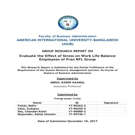 Evaluate the Effect of Stress on Work Life Balance Employees of Pran RFL Group