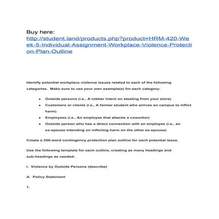 HRM 420 Week 5 Individual Assignment Workplace Violence Protection Plan Outline