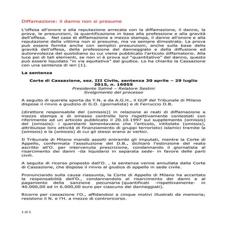 Sentenza diffamazione il danno non si presume