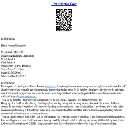 Hrm Reflective Essay