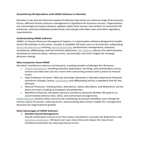 Streamlining HR Operations with HRMS Software in Mumbai | PDF