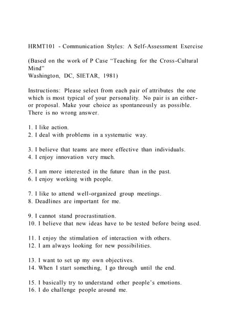 HRMT101 - Communication Styles A Self-Assessment Exercise (Ba