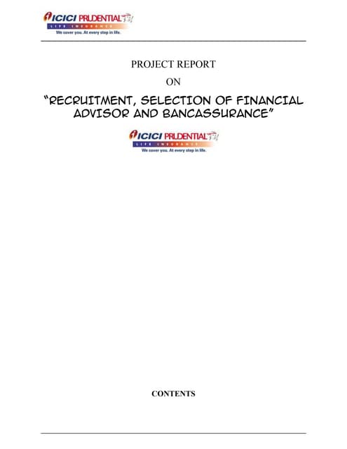 HR project on recruitment, selection of financial advisor and bancassurance