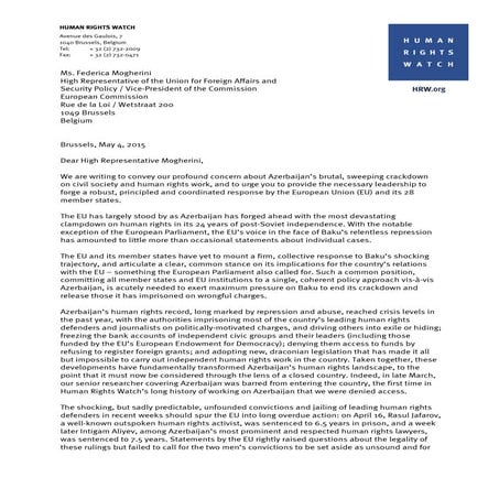 Human Rights Watch letter to Hrvp Federica Mogherini on Azerbaijan