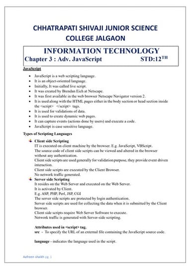 HSC INFORMATION TECHNOLOGY CHAPTER 3 ADVANCED JAVASCRIPT