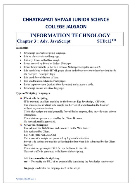 HSC INFORMATION TECHNOLOGY CHAPTER 3 ADVANCED JAVASCRIPT