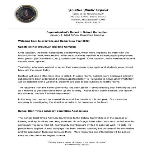 Superintendent Report Jan 9, 2018