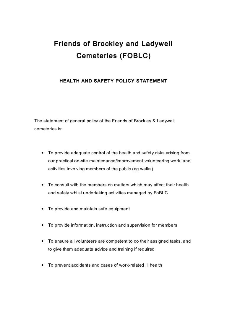 FOBLC Health and Safety Policy Statement