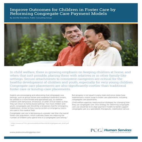 Improve Outcomes for Children in Foster Care by Reforming Congregate Care Payment Models