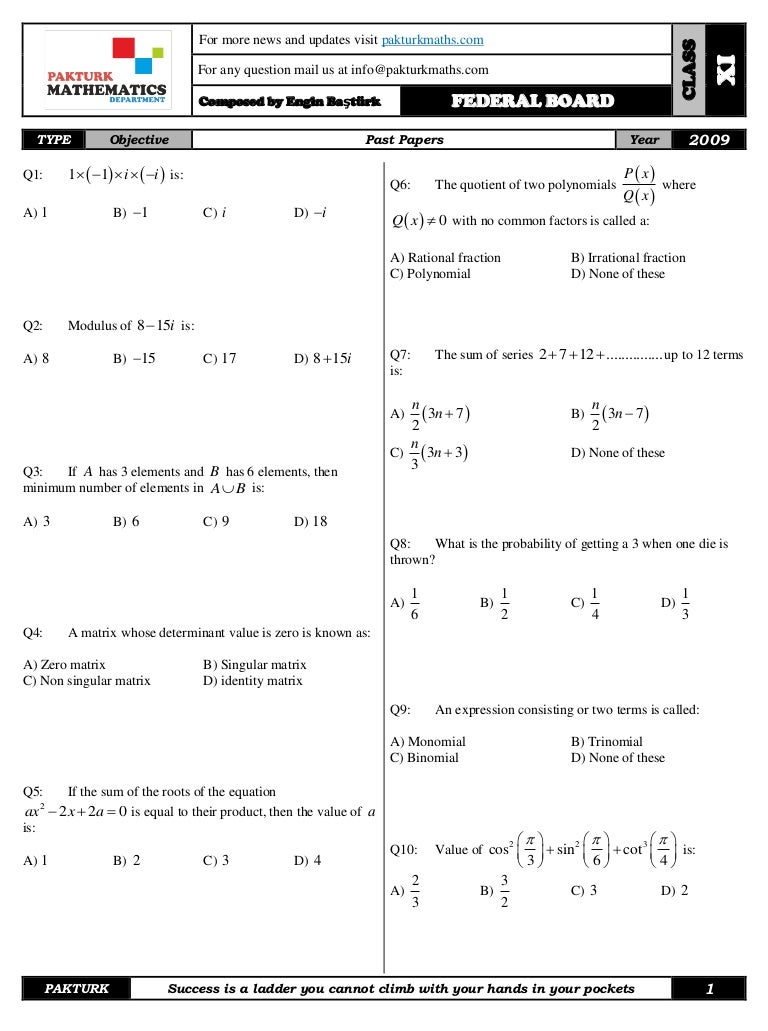 Hssc i objective past papers 2009