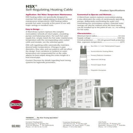 Thermon HSX Heat Tracing Cable - Spec Sheet