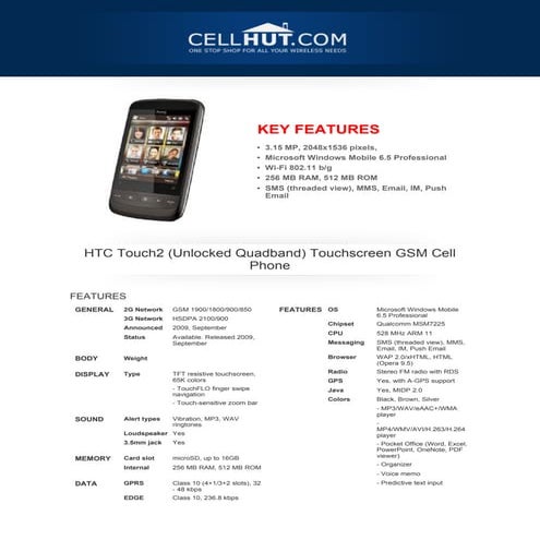 HTC Touch2 Touchscreen GSM Cell Phone