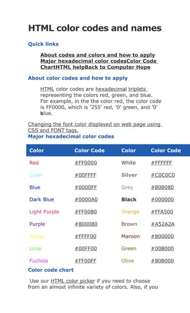 Html color codes and names | DOC