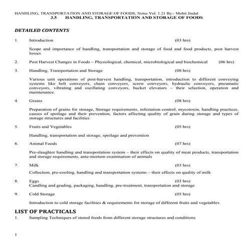 HANDLING, TRANSPORTATION AND STORAGE OF FOODS