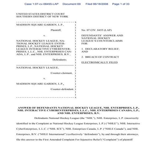 Cablevision/Madison Square Garden vs NHL