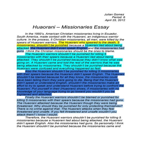 Huaorani – missionaries essay