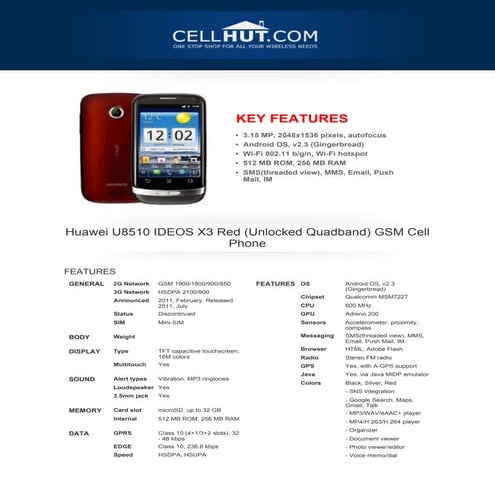 Huawei u8510-ideos-x3-red-unlocked-quadband-gsm-cell-phone brochure-33697