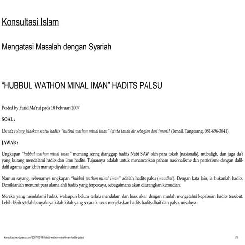 “Hubbul wathon minal iman” hadits palsu | PPT