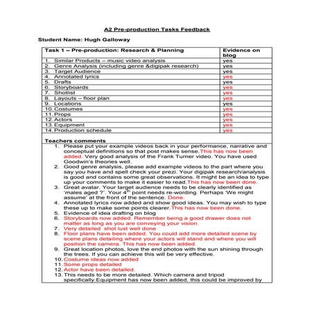 Aaron Cork As Pre Production Tasks Feedback Sheet Docx