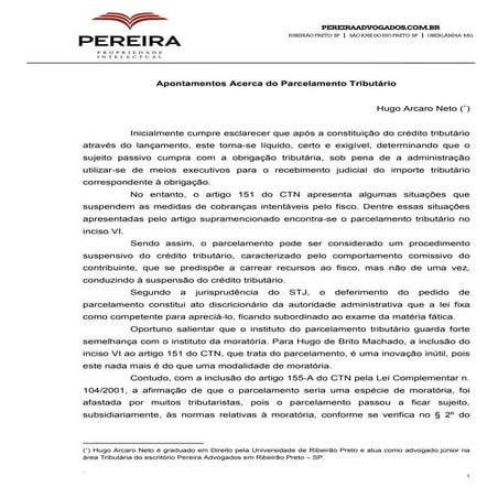 Apontamentos Acerca do Parcelamento Tributário