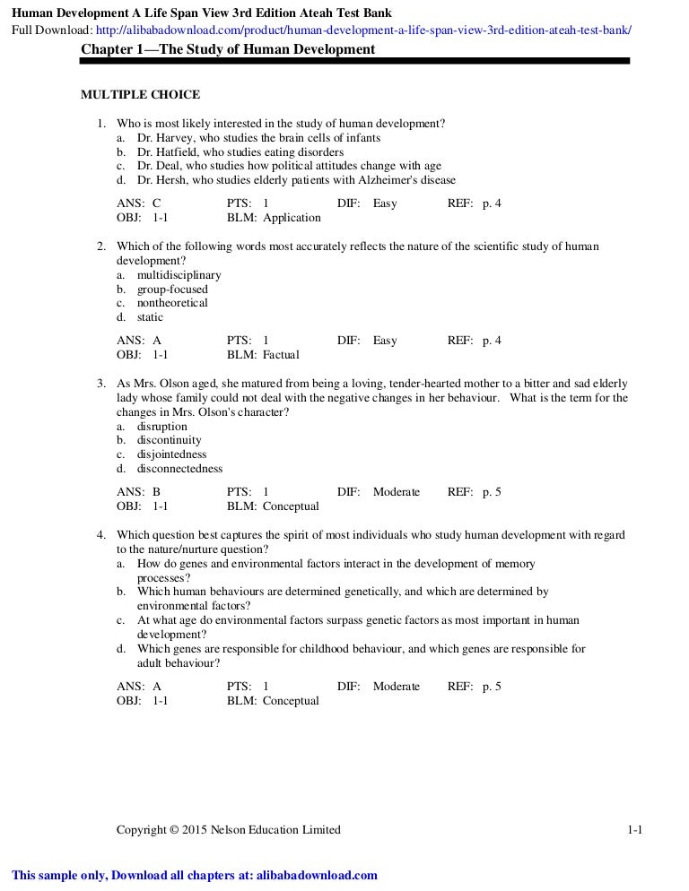 Human Development A Life Span View 3rd Edition Ateah Test Bank