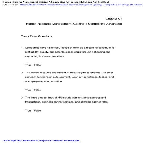 Human Resource Management Gaining A Competitive Advantage 8th Edition Noe Tes...